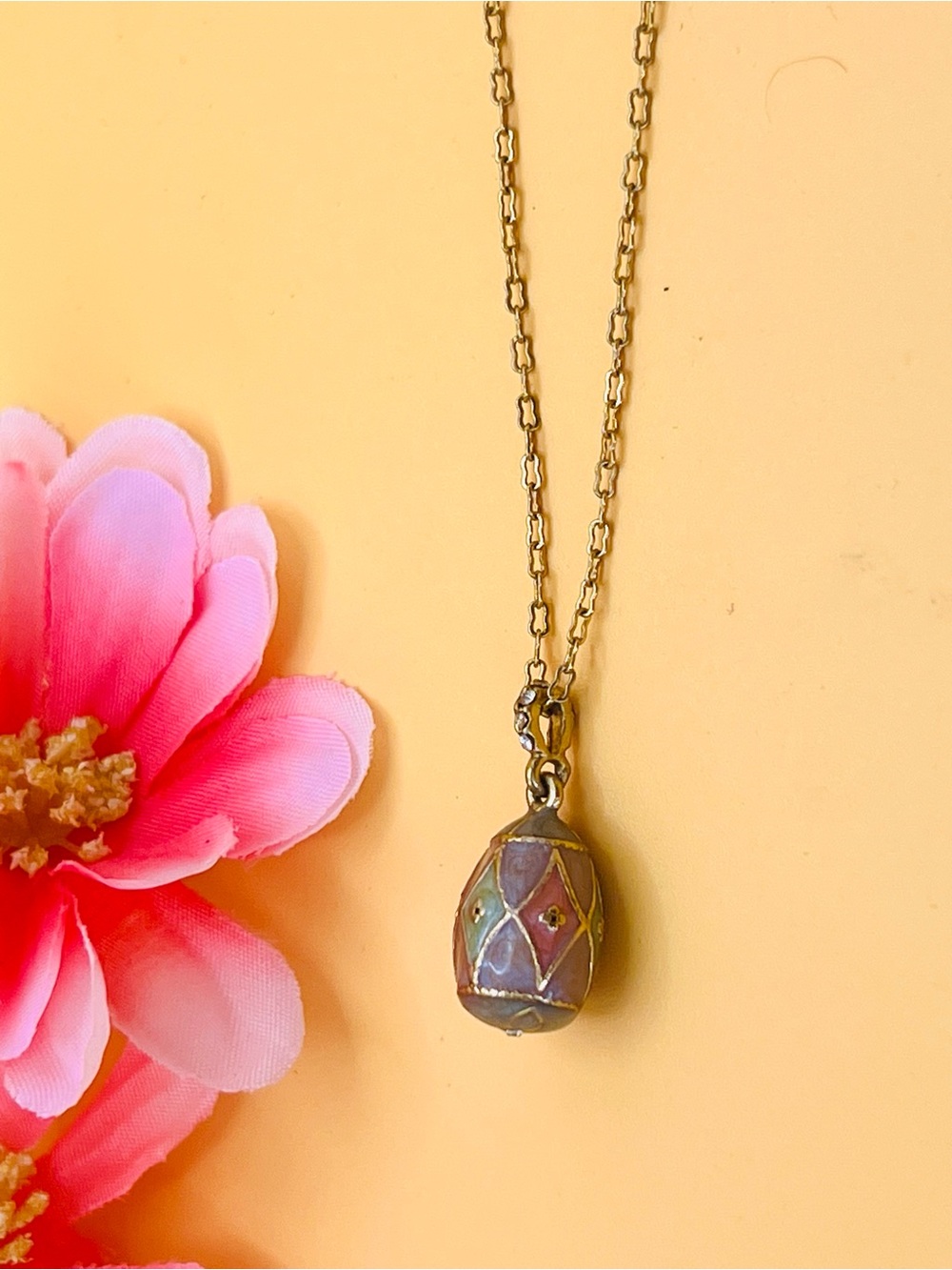 Avon Gold-Tone Multicolor Enamel Egg Pendant Necklace - Pink/Blue/Green